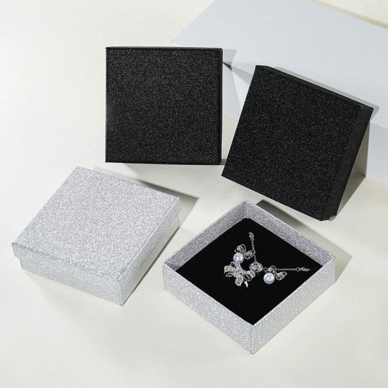 2 Pack Silver Glitter Black Jewelry Boxes, Shiny Lid & Base Gift Packaging for Rings, Earrings, Necklaces & Bracelets